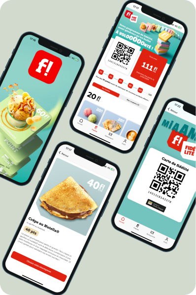 Plusieurs smartphones affichant l'application Flunch