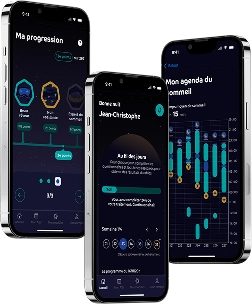 Plusieurs smartphones affichant l'interface de progression sur un état de sommeil sur l'application Noxxea
